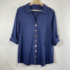 Soft Surroundings Womens Navy Cotton Eclectic Button Danielle 3/4 Sleeve Top S